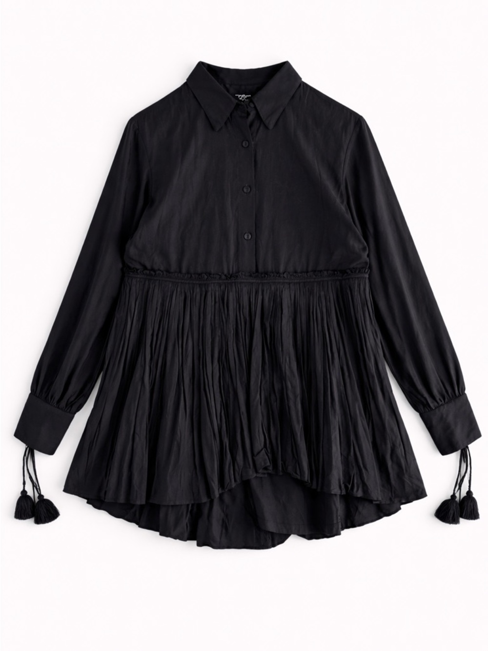 Turnblack Black Pleated Tassel Tunic Blouse Large Boho Goth Romantic